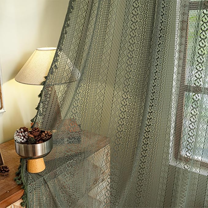 Sutuo Home Olive Green Boho Curtains 102 inches Long, Crochet Lace Sheer Bohemian Hollow Knitted Cute Tassels, Vintage Farmhouse for Bedroom Living Room Xmas Christmas Decor, 1 Panel 59" W x 102" L