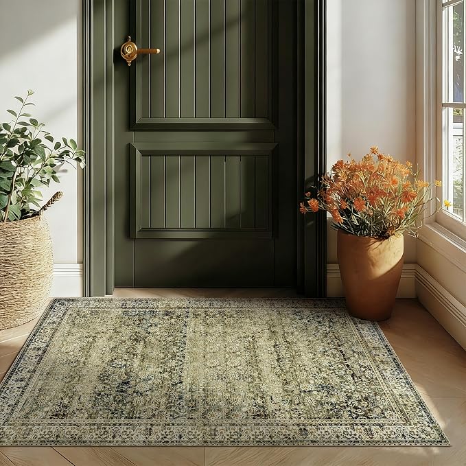 Vintage Design Floral Area Cream Rug Distressed Carpet Washable Non Slip Rug Kitchen Bedroom Dining Room 3x5 Cover Print,Tan Brown and Cream Beige