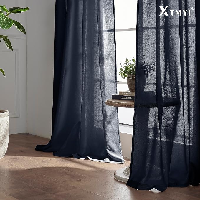 XTMYI Indigo Blue Curtains 108 Inches Long for Living Room 2 Panels Set Back Tab Hook Pleat Linen Extra Long Sheer Curtain Drapes for Dining Room,Total Wide 100 x 108 Inch Length,Dark Navy
