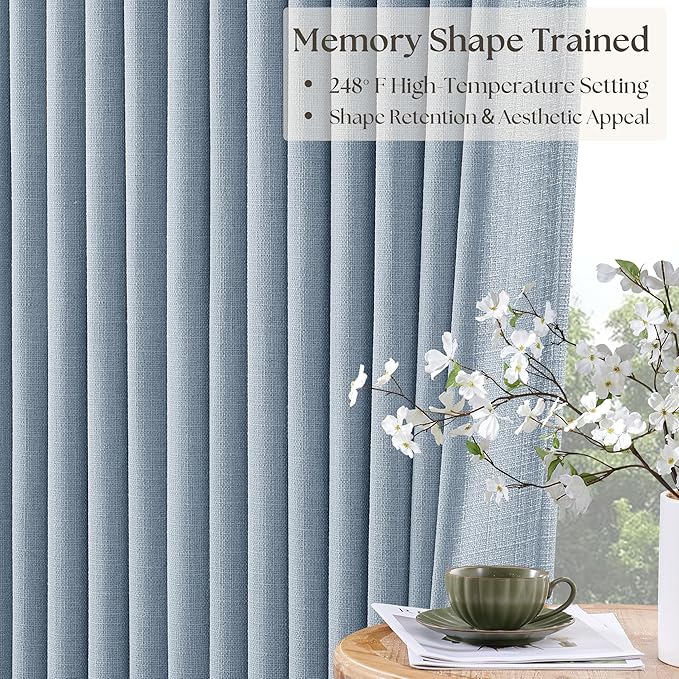 Light Blue 120 Inch Blackout Pinch Pleated Curtains 2 Panel Set for Living Room Darkening Thick Linen Textured 100% Black Out Drapes 120 Inches Long Pinch Pleat Light Blocking Bedroom for Babys Kids