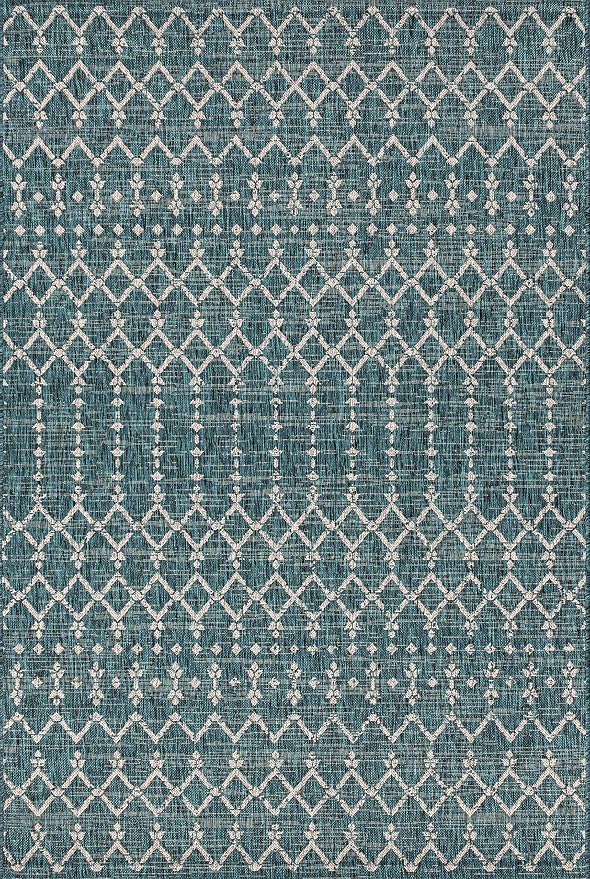 JONATHAN Y Moroccan Geometric Indoor Outdoor Area Rug 4X6 Teal/Gray, Ourika Textured Weave for Backyard, Patio, Porch, Easy-Cleaning, High Traffic, Pet-Friendly, Non-Shedding (SMB108C-4)