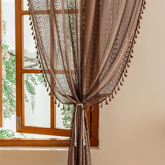 Sutuo Home Dark Coffee Boho Curtains 84 inches Long for Bedroom Living Room, Lace Sheer Bohemian Tassels Vintage Chic Crochet Privacy Window Curtains Drapes Farmhouse Decor, Rod Pocket 1 Panel 59" W