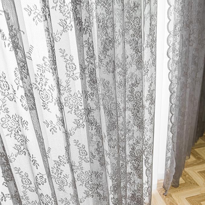 Sutuo Home Lace Curtains 63 Inches Length 2 Panels Set, Gray Sheer Window Floral Vintage Voile Window Panel Treatment for Bedroom/Living Room/Kitchen, Decor Rod Pocket W57 x L63