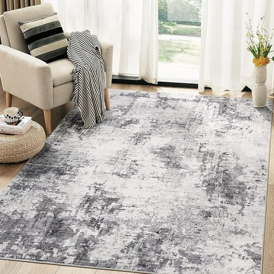 Abstract 5x7 Area Rug: Machine Washable Non Slip Ultra Thin Low-Pile Carpet, Soft Stain Resistant for Living Room Bedroom Nursery, Kid Pet Friendly, Robot Vacuum Compatible - Grey