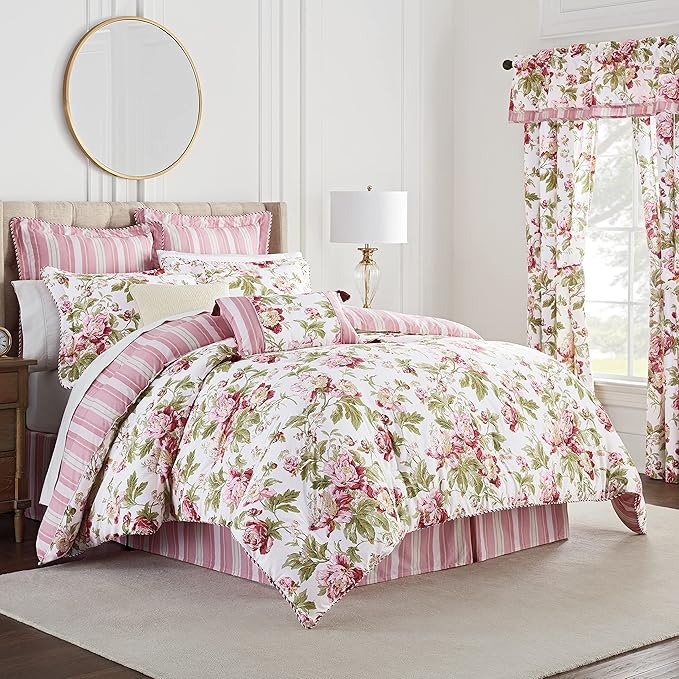 Waverly Forever Peony 4-Piece 100% Cotton Comforter Set - Full/Queen Berry Floral Print, with 2 Shams & 1 Bedskirt