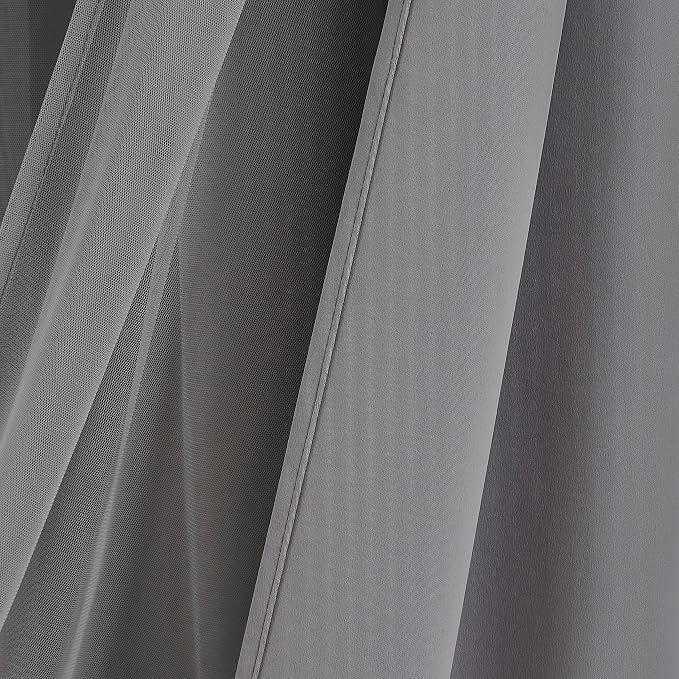 Bujasso Grey 90% Blackout Curtains with Sheer Overlay Mix and Match Double Layer Window Curtains Thermal Insulated 72 inch for Living Room Bedroom Gray Drapes with Tiebacks Grommet Top 37" Wx72 Lx2