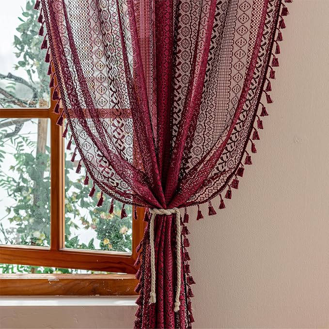 Sutuo Home Boho Curtains 2 Panels for Kitchen Bedroom, Red Lace Curtains Semi Sheer Crochet Vintage Country Tassels Bohemian Drape Privacy Window Treatments Rustic Decor Rod Pocket, 50" x 63" Burgundy