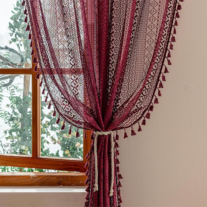 Sutuo Home Burgundy Boho Lace Curtains 96 inches long for Living Room Laundry Room, Semi Sheer Curtains Farmhouse Privacy Crochet Vintage Chic Tassels Rustic Rod Pocket Christmas Decor, 2 Panels 50" W