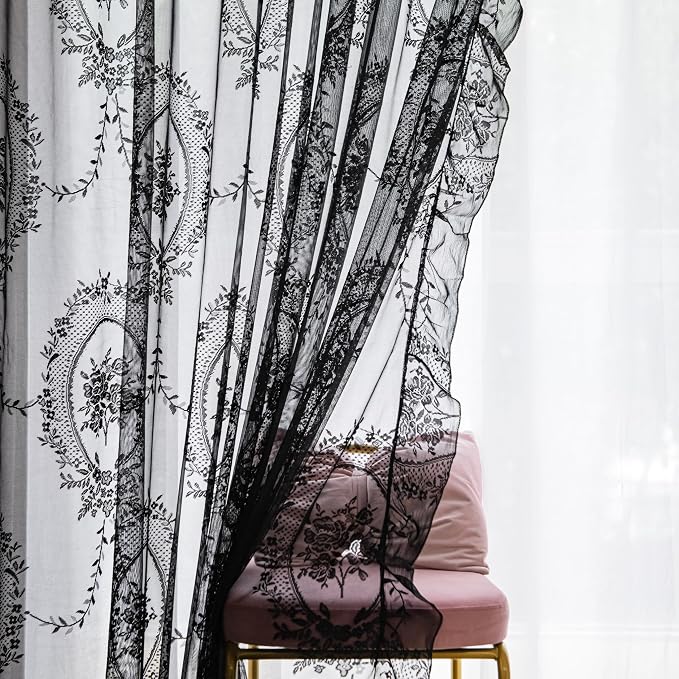 Sutuo Home Black Lace Curtains 96 Inches Long 2 Panels, Sheer Rose Floral Embroidery Ruffled Vintage Window Treatment Pair for Bedroom Living Room Gothic Halloween Decor, Rod Pocket, W57 x L96