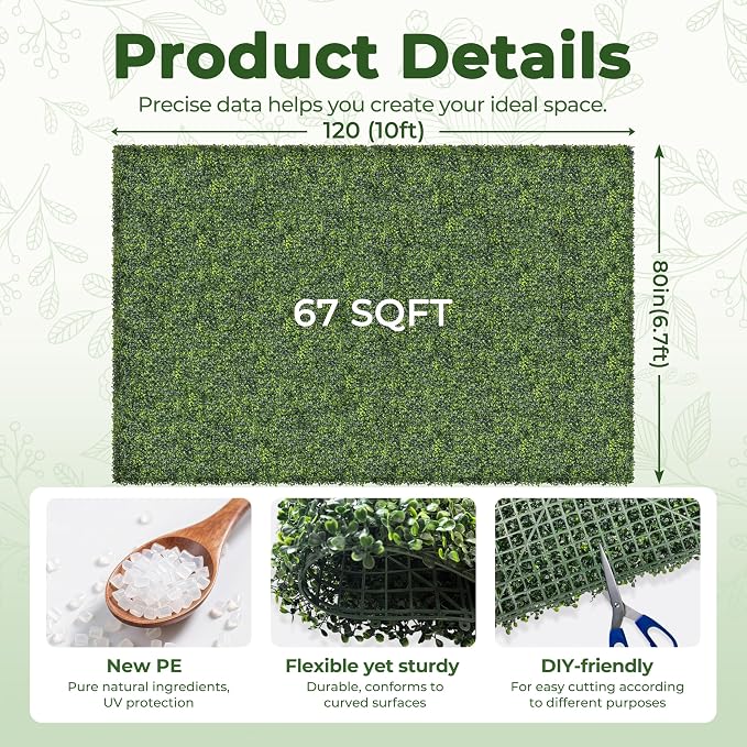 Artificial 80x120 in (67 Sqft) Boxwood Grass Wall Backdrop Roll | UV-Anti Faux Green Leaf Privacy Fence, Garden/Backyard/Patio/Balcony/Party Greenery Hedge Backdrop, Indoor Outdoor Decor