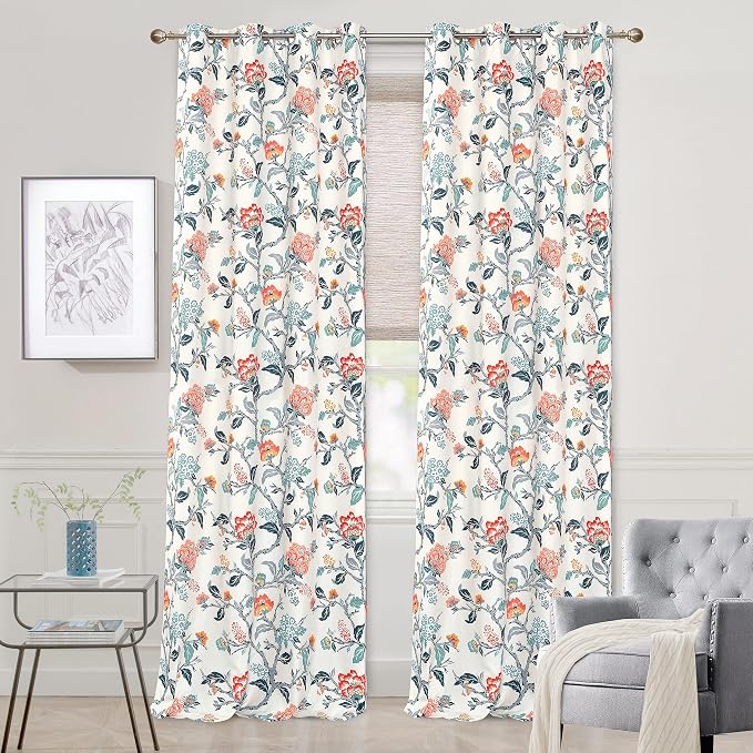 DriftAway Ada Floral Botanical Print Flower Leaf Lined Thermal Insulated Room Darkening Blackout Window Curtains 2 Layers Set of 2 Panels Each 52 Inch by 108 Inch Ivory Orange Teal