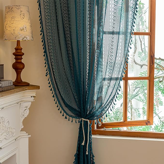 Sutuo Home Teal Boho Lace Curtains 72 inches long for Nursery Bedroom, Sheer Curtains Privacy Crochet Light Filtering Vintage Tassels Bohemian Strips Window Treatments Decor Rod Pocket, 2 Panels 50" W