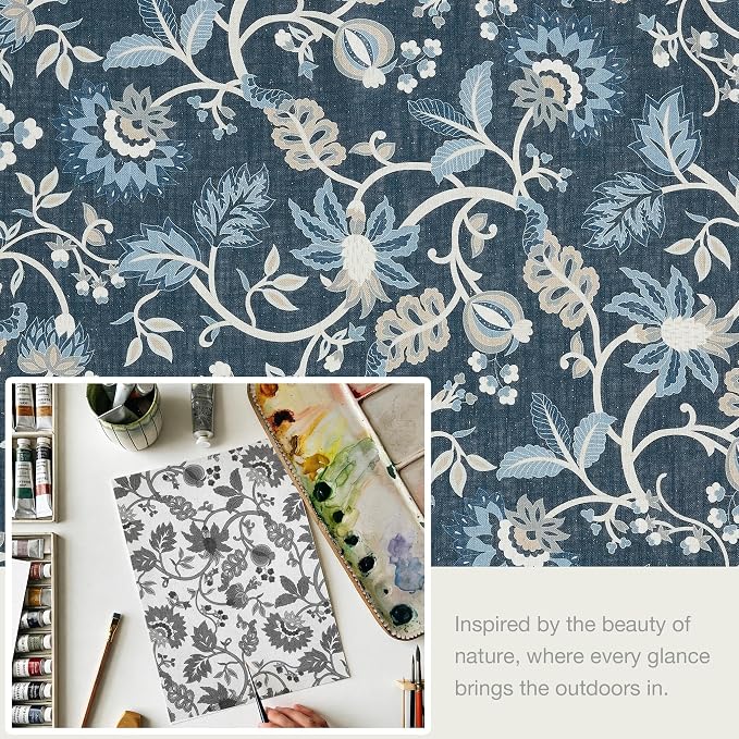 Vision Home Navy Floral Pinch Pleat Light Filtering Curtains, Linen Pleated Drapes with Microfiber Liner & Back Tab Hooks for Living Room Bedroom, Vine Botanical Print Panels 40x102 Inch Set of 2