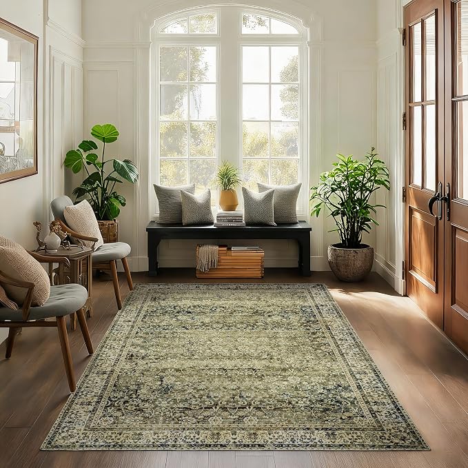 Vintage Design Floral Area Cream Rug Distressed Carpet Washable Non Slip Rug Kitchen Bedroom Dining Room 3x5 Cover Print,Tan Brown and Cream Beige