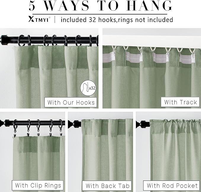 XTMYI Country Curtains for Living Room,Sheer Linen Curtains for Bedroom 90 Inches Long,70 Inches Wide Sage Green