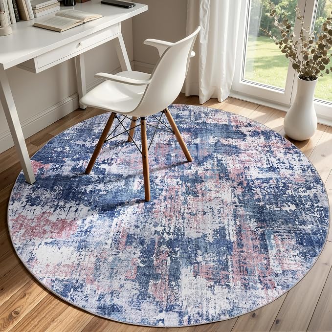 Sasttie 4ft Soft Round Area Rug, Modern Abstract Washable Circle Carpet for Living Room, Bedroom, Dining Room Table, with Non-Slip Backing, Pink and Blue