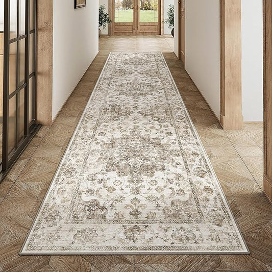 2x8 Washable Neutral Runner Rug Brown Vintage Hallway Kitchen Carpet Non-Slip Soft Low Pile Farmhouse Throw Rug for Bedroom Bathroom Laundry Living Room