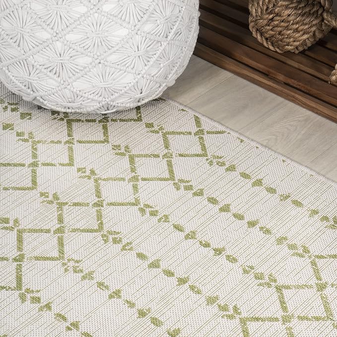 JONATHAN Y Moroccan Geometric Indoor Outdoor Round Area Rug 5 Ft Cream/Green, Ourika Textured Weave for Backyard, Patio, Porch, Easy-Cleaning, High Traffic, Pet-Friendly, Non-Shedding (SMB108M-5R)