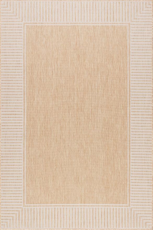 Nuloom Asha Tan/Ivory, 6'7" x 9', Casual, Striped Border, Soft and Cozy, High Traffic, Easy Clean, Durable Area Rug for Indoor/Outdoor Patio, Deck, Porch, Garden, Courtyard