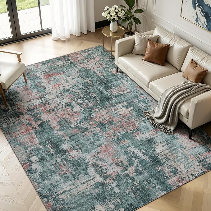 Sasttie 9x12 Soft Area Rug for Living Room, Modern Abstract Washable Large Carpet for Bedroom, with Non-Slip Backing, Pink and Green