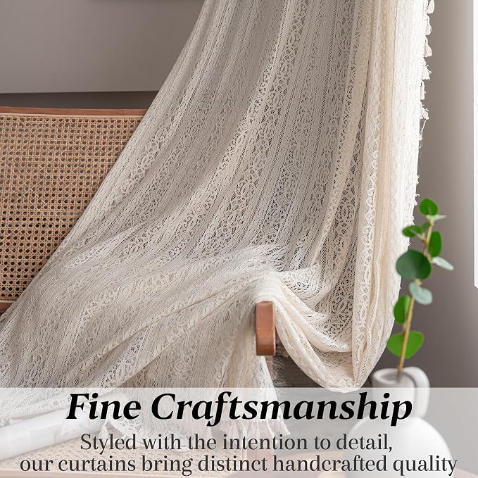 Sutuo Home Boho Curtain Crochet Lace Semi-Sheer Florals Hollow Knitted Handmade Tassels, Rod Pocket Window Treatment Vintage Rustic Farmhouse Drapes for Living Bedroom, 1 Panel 59" W x 84" L, Beige