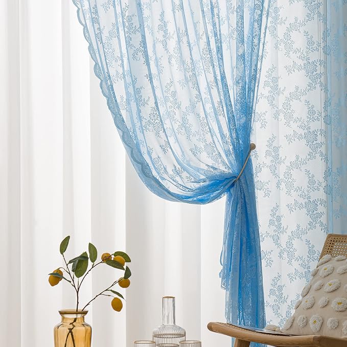 Sutuo Home Lace Curtains Set of 2 Blue Sheer 63 Inch Long Window Curtain Panels Floral Embroidery Vintage Voile Window Panel Treatment for Bedroom Living Room Kitchen Decor Rod Pocket W57 x L63