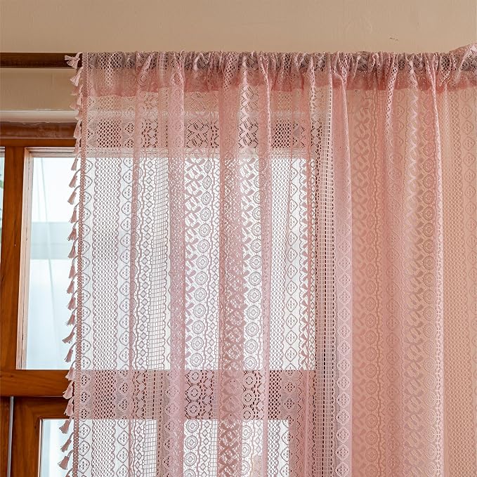 Sutuo Home Lace Sheer Boho Curtains for Bedroom Dining Room, Soft Plush Pink Bohemian Crochet Tassels Farmhouse Window Curtains Drapes Vintage Chic Decor, Rod Pocket 1 Panel 59" W x 96" L, Light Pink
