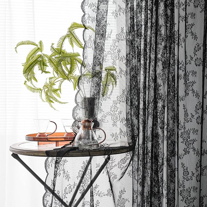 Sutuo Home Black Lace Curtains 96 Inches Long 2 Panels Set, Sheer Panels Gothic Retro Florals Vintage Voile Window Treatment for Bedroom/Living Room/Halloween Decor Rod Pocket W57 x L96