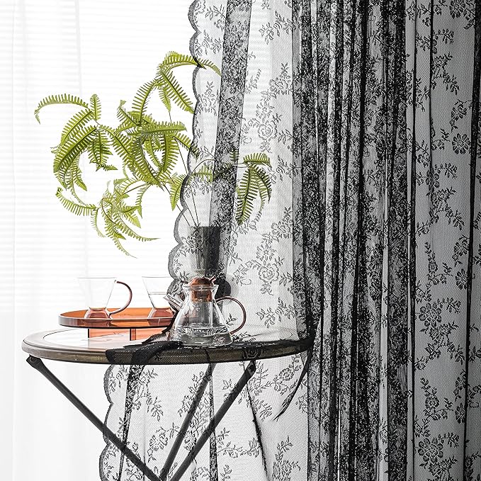 Sutuo Home Black Lace Curtains 63 Inches Length 2 Panels Set, Sheer Shabby Chic Gothic Retro Florals Vintage Voile Window Treatment Pair for Bedroom/Living Room/Halloween Decor Rod Pocket W57 x L63
