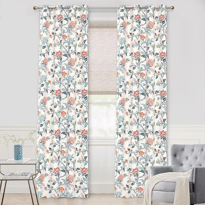 DriftAway Ada Floral Botanical Print Flower Leaf Lined Thermal Insulated Room Darkening Blackout Window Curtains 2 Layers Set of 2 Panels Each 52 Inch by 120 Inch Ivory Orange Teal