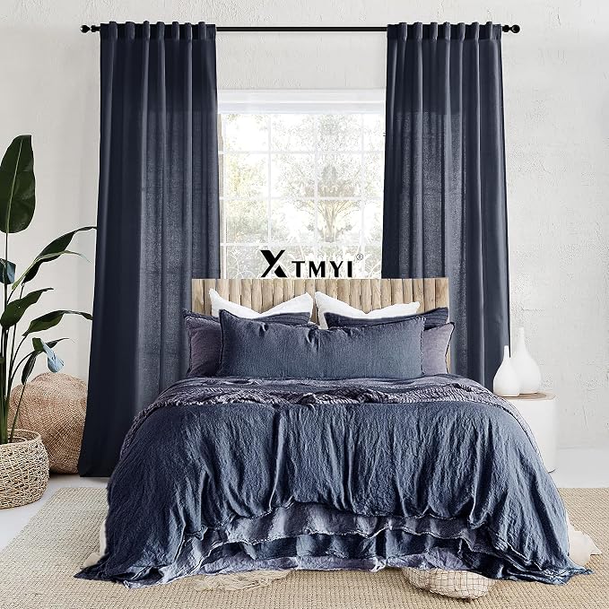 XTMYI Indigo Blue Curtains 108 Inches Long for Living Room 2 Panels Set Back Tab Hook Pleat Linen Extra Long Sheer Curtain Drapes for Dining Room,Total Wide 100 x 108 Inch Length,Dark Navy
