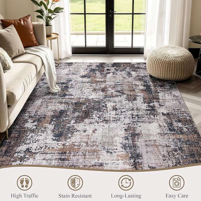 Sasttie 8x10 Soft Area Rug for Living Room, Modern Abstract Washable Large Carpet for Bedroom, with Non-Slip Backing, Black and Brown