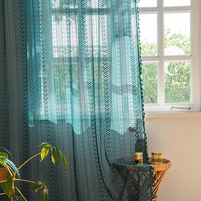 Sutuo Home Boho Curtains 72 inches Long for Bedroom Living Room, Crochet Lace Sheer Bohemian Hollow Knitted with Tassels, Rod Pocket Window Treatment Drapes, 1 Panel 59" W x 72" L, Turquoise