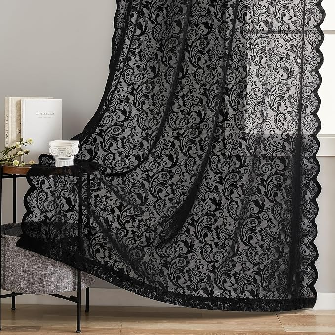 ALIGOGO Black Sheer Curtains 80 Inch Length 2 Panels - Luxury Floral Lace Curtains for Home Office Doorway, Dark Academia Rod Pocket Gothic Scalloped Edges Halloween Party Decor, 52W x 80L Inch