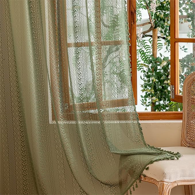 Sutuo Home Boho Sheer Curtains 63 Inch Length for Nursery Bedroom, Lace Curtains Crochet Vintage Country Tassels Bohemian Privacy Window Treatment Xmas Decor Rod Pocket, 2 Panels 50" W,Olive Green