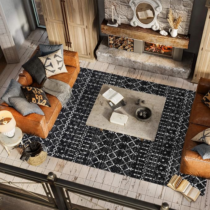 JONATHAN Y Boho Vintage Diamond Black/Ivory Indoor Area Rug 5X8 ft, Moroccan Hype for Living Room, Bedroom, Kitchen, Office, Easy-Cleaning, High Traffic, Pet-Friendly, Non-Shedding (MOH101D-5)