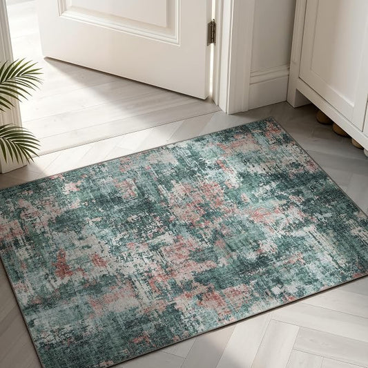 Sasttie 2x3 Area Rug for Entryway, Washable Modern Abstract Small Carpet for Living Room Bedroom Door-mat, Soft Entry Rug with Non-Slip Backing, Pink and Green