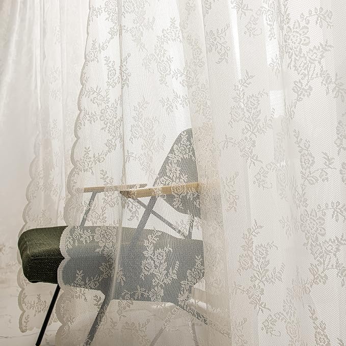 Sutuo Home Ivory Lace Curtains Set of 2, Sheer Panels 72 Inch Length Floral Embroidery Vintage Voile Window Treatment Pair for Bedroom Living Room Kitchen, Shabby Chic Decor Rod Pocket, W57 x L72