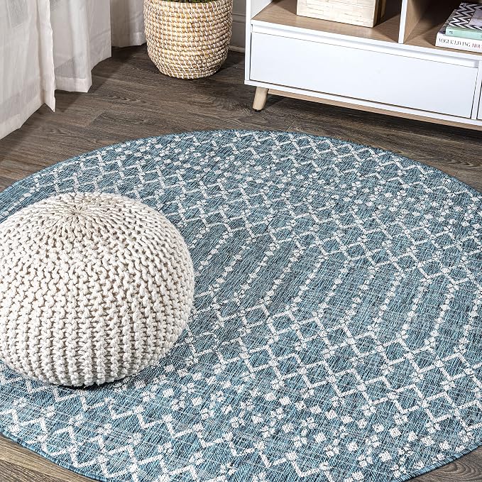JONATHAN Y Moroccan Geometric Indoor Outdoor Round Area Rug 4 Ft Teal/Gray, Ourika Textured Weave for Backyard, Patio, Porch, Easy-Cleaning, High Traffic, Pet-Friendly, Non-Shedding (SMB108C-4R)