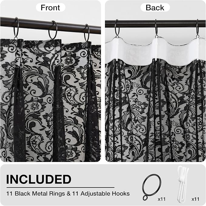 Bujasso Black Lace Pinch Pleat Curtains 96 inch,Gothic Vintage Floral Sheer Drapes with Hooks & Rings, Baroque Damask Scalloped Edge Light Filtering Window Panels for Bedroom Living Room, 40"Wx96"Lx2
