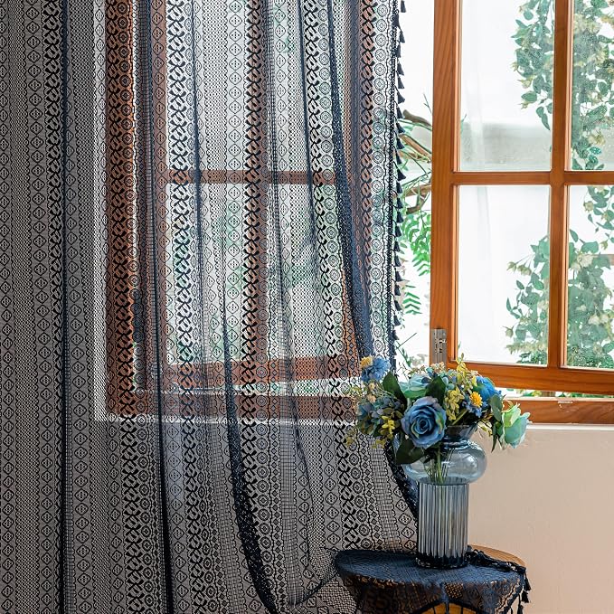Sutuo Home Navy Blue Boho Sheer Curtains 72 inches Long for Bathroom Bedroom, Vintage Lace Curtains French Country Bohemian Privacy Crochet Light Filtering Rustic Tassels Rod Pocket, 2 Panels 50" W