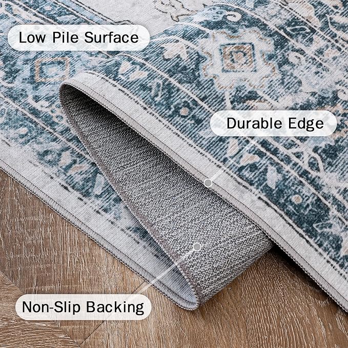 GENIMO 4x6 Area Rugs for Living Room, Machine Washable Rug, Non Slip Vintage Rugs, Low Pile Lightweight Chenille Print Rug for Bedroom, Dining Room, Home Office, Blue