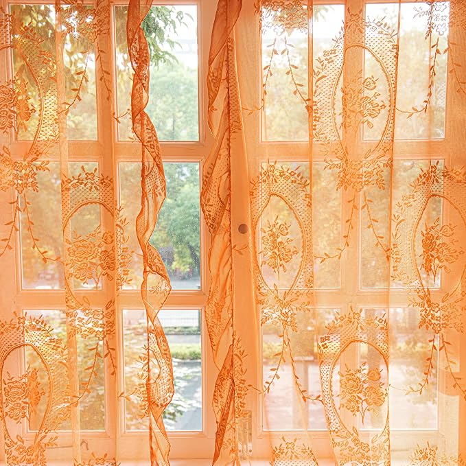 Sutuo Home Lace Curtains for Bedroom Living Room 90 Inches Long 2 Panels, Boho Sheer Rose Floral Embroidery Ruffled Vintage Window Treatment Pair Halloween Decor, Rod Pocket, W57 x L90,Burnt Orange