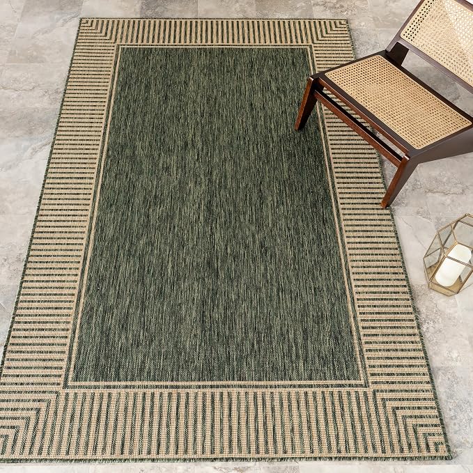 Nuloom Asha Green/Brown, 4' x 6', Casual, Striped Border, Soft and Cozy, High Traffic, Easy Clean, Durable Area Rug for Indoor/Outdoor Patio, Deck, Porch, Garden, Courtyard