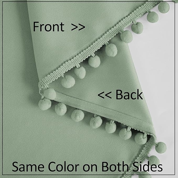 Treatmentex Pompom Blackout Curtains for Bedroom Sage Green 84 inch Energy Efficient Thermal Insulated Living Room Darkening Curtain Panels for Kitchen Nursery Room 52" w x2 Panels Rod Pocket