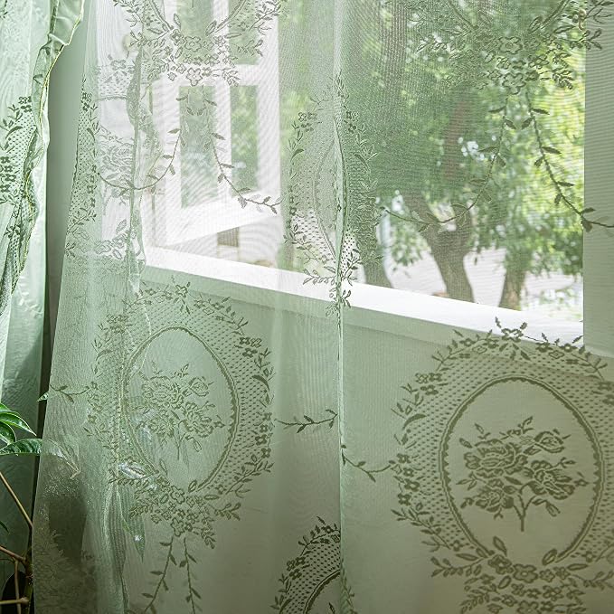 Sutuo Home Olive Green Lace Curtains 96 Inches Long 2 Set, Sheer Panels Rose Floral Embroidery Ruffled Vintage Window Treatment Pair for Nursery Bedroom Living Room, Rod Pocket, W57 x L96