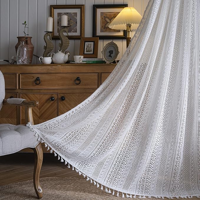 WAZZIO Boho Lace Curtains 84 Inches 2 Panel,Light Filtering Privacy Tassel & Geometry Crochet Semi Sheer Curtain Drapes for Bedroom Living Dining Room,Rod Pocket & Tassel,Victorian Decor,Off White