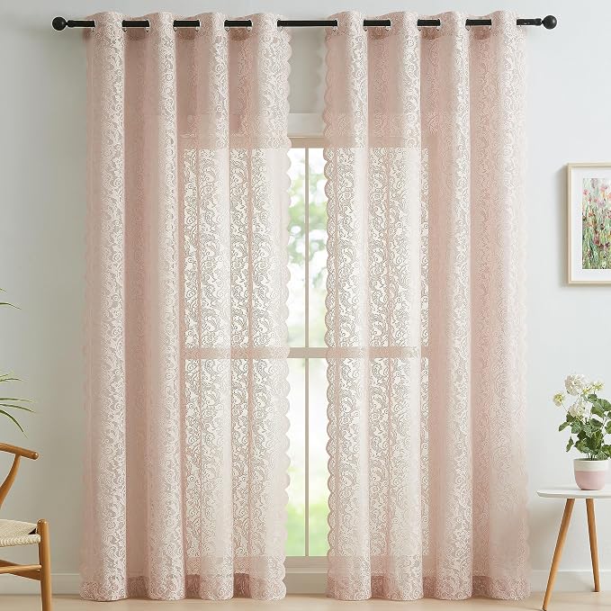 Bujasso Pink Lace Sheer Curtains 108 inch Vintage Floral Sheer Window Curtain Panels for Living Room Bedroom Elegant Light Filtering Pink Drapes Window Treatment Set Grommet Top 2 Panels 54" Wx108 L