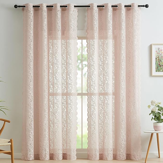 Bujasso Pink Lace Window Curtains Vintage Floral Sheer Curtain Panels 95 inch for Living Room Grils Bedroom Elegant Scalloped Light Filtering Pink Drapes Window Treatment Sets Rod Pocket 54" Wx95 Lx2