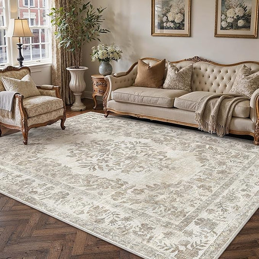 PureCozy 5x7 Area Rug Beige Washable Vintage Distressed Living Room Carpet Large Bedroom Indoor Medallion Floral Non Slip Retro Throw Floor Mat for Office Dining Room Kitchen Bathroom